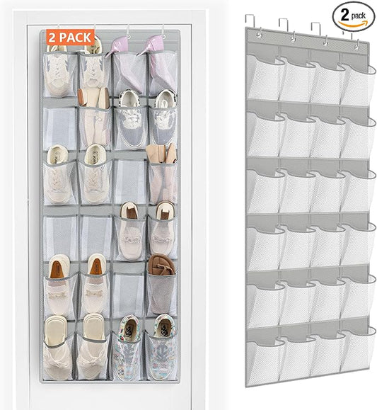 FENTEC 2 Pack Over the Door Shoe Organizer Hanging Shoe Organizer for Closet, Space Saving Mesh Large Pocket Shoe Storage and Organizer with 24 Packets, Shoe Holder for Apartments Garages, Gray-NeatNest