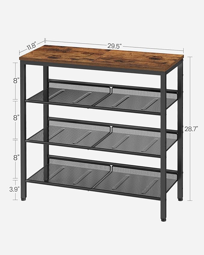 VASAGLE Shoe Rack for Entryway, 4-Tier Shoe Rack Organizer with Storage Shelves and Spacious Top, Freestanding, Adjustable, Industrial, Rustic Brown and Ink Black ULBS040B01-NeatNest