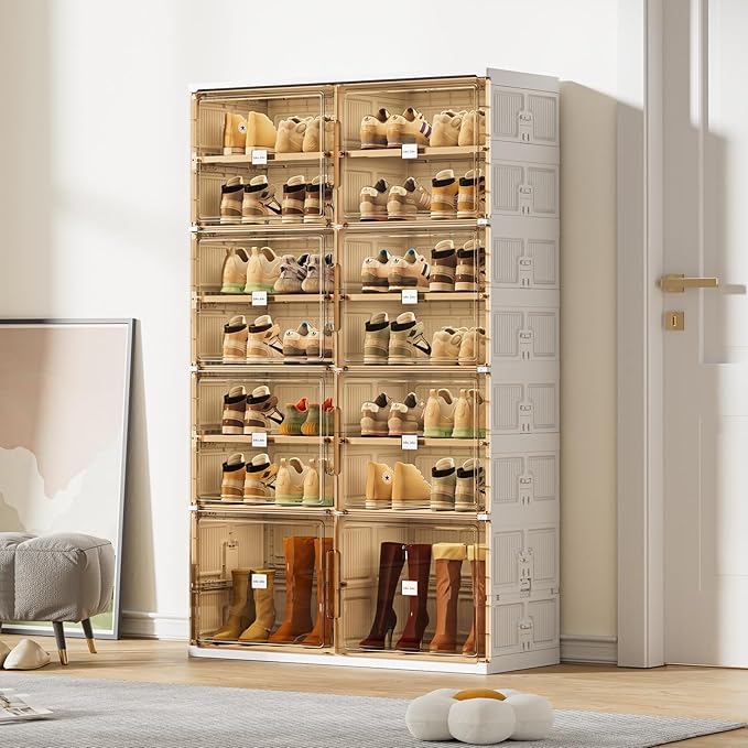 JEKO&JEKO 7 Tiers Foldable Boot and Shoe Storage Rack Cabinet for Closet Entryway, Large Collapsible Shoe Organizer with Magnetic Doors (White)-NeatNest