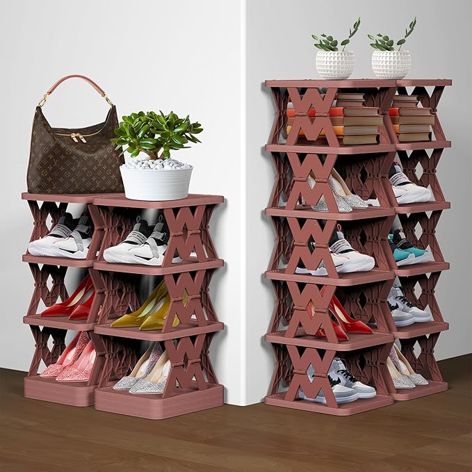 Small Shoe Rack, 6 Tier Foldable Shoe Organizer Without Assembly, Fake Wood-Pattern Match Floor Well, for Entryway, Front Door Entrance, Bedroom, Brown-NeatNest
