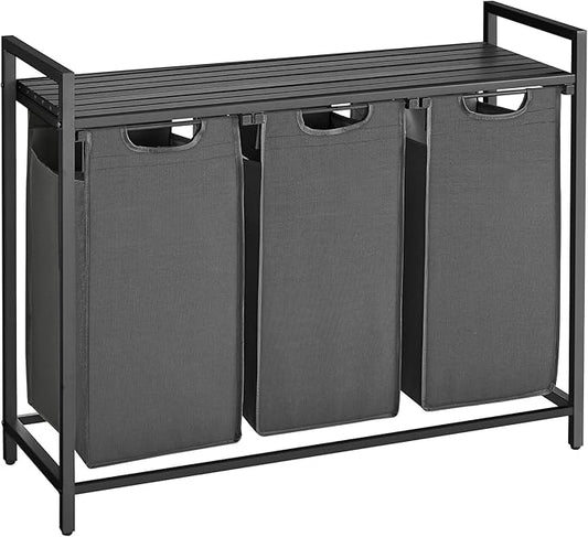 VASAGLE Laundry Hamper, Laundry Basket, Laundry Sorter with 3 Pull-Out and Removable Bags, Shelf, Metal Frame, 3 x 10.6 Gallons (40 L), 36.4 x 13 x 28.4 Inches, Slate Gray and Charcoal Gray UBLH301G01-NeatNest