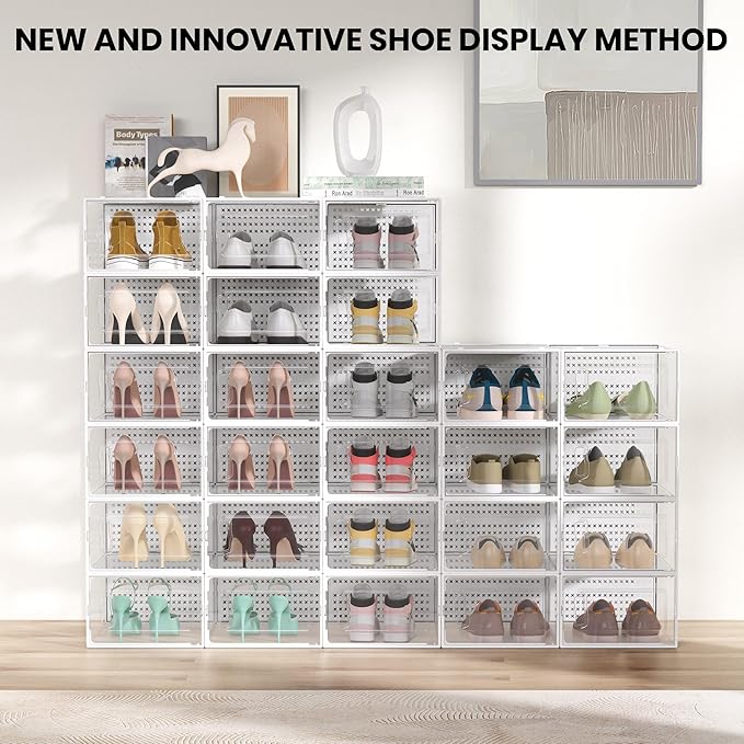 12 Pack XXX-Large Modular Clear Plastic Stackable Shoe Storage Organizer for Closet, Space Saving Versatile Sneaker Shoe Rack Containers Bins Holders, Portable Closet Organizers and Storage, White-NeatNest
