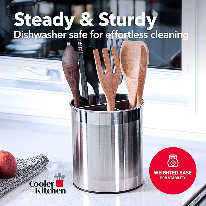Cooler Kitchen Rotating Extra Large Stainless Steel Utensil Holder Caddy with Sturdy No-Tip Weighted Base, Removable Divider, and Gripped Insert Bottom -Dishwasher Safe Metal Cooking Utensil Holder…-NeatNest