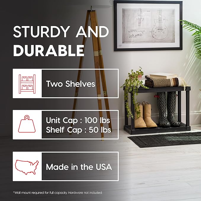 IRIS USA 2-Shelf Light Duty Plastic Storage Shelves, 100lb Capacity, 17"H x 24"W x 12"D, Medium Modular Shelving Unit Storage Organizer for Bathroom, Laundry, Garage & Home, Storage Rack - Black