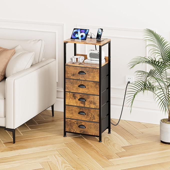 5 Drawers Dresser with Charging Station & Voice-Controlled LED Light, Tall Night Stand with 3 Lighting Modes, Bedside Table with Tamper-Resistant Outlets, USB Type C Port, Dresser for Bedroom