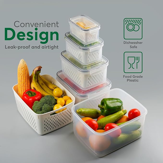 5 Set Fruit Storage Containers for Fridge with Colanders Dishwasher Safe, Leakproof Fruit and Vegetable Storage BPA-Free Plastic, Produce Storage Keep Berry Fruit Veggie Meat Fresh