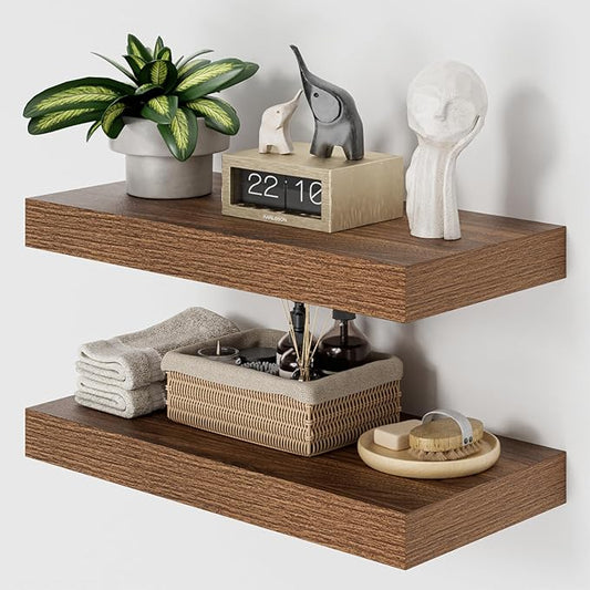 Heimlove 12" Deep Walnut Floating Shelves for Wall, 24 Inch Wall Shelf Bathroom Shelves Set of 2, Wall Mounted Shelves for Books Living Room Laundry Room Bedroom Kitchen Home Office-NeatNest