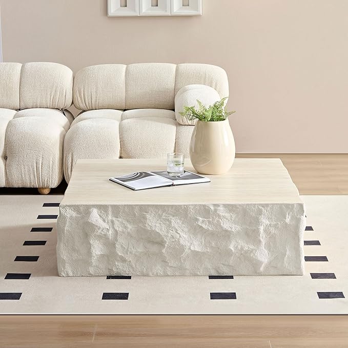 kevinplus ø35.43'' Square Coffee Table for Living Room, Modern Drum Circle Stone Coffee Table, Fiberglass Material, No Assembly, Beige