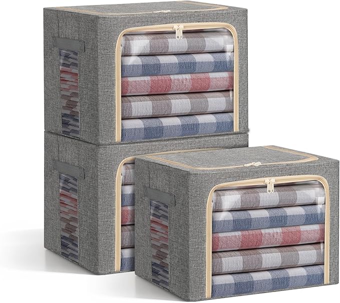 3-Pack Clothes Storage Bags, Foldable Storage Bins with Metal Frame, Clear Window, Reinforced Handles, Durable Non-Woven Fabric for Clothes, Bedding, Blankets, 40L, Gray-NeatNest