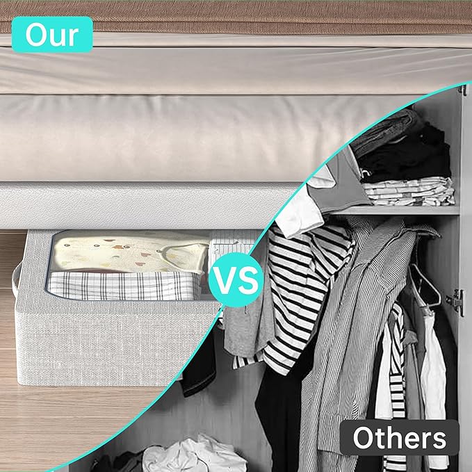 3PCS Under Bed Storage Bins with Metal Frame, Linen Fabric Frame Storage Box Clothes Organizer Bins, Underbed Container with Clear Window (Light Grey, 23.6 x 13 x 6IN)-NeatNest