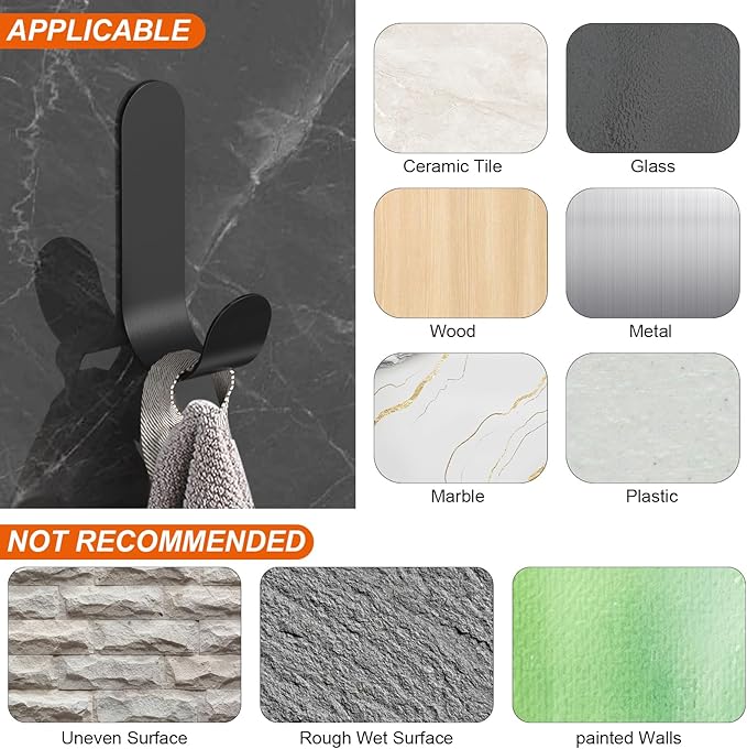 Adhesive Towel Hooks, 20 PCS Stainless Steel Self Adhesive Wall Hooks, Black Heavy Duty Shower Hook, Waterproof Oilproof Rustproof for Bathroom, Kitchen, Living Room