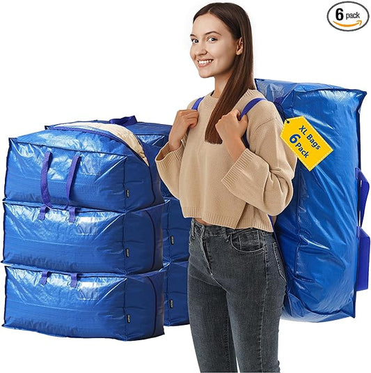 Extra Large Moving Bags - 6-Pack Heavy Duty Storage Duffel - Sturdy Backpack Straps Handles, Zippers - Reusable Moving Storage Bags for Clothes - Folding Collapsible Storage Tote Bag Set – Blue