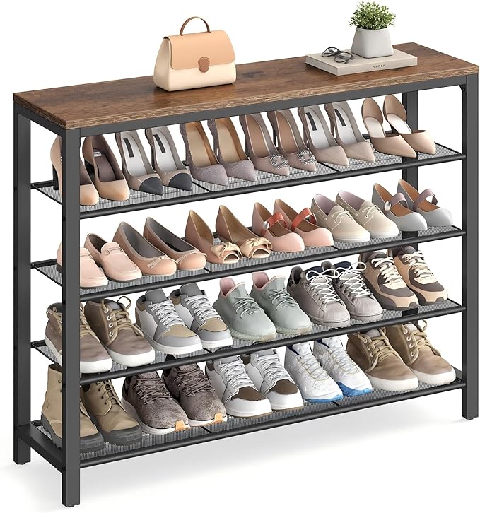 VASAGLE INDESTIC Shoe Rack, Shoe Organizer for Closet with 4 Mesh Shelves and Large Top for Bags, Entryway Hallway Shoe Shelf, Steel Frame, Industrial, Hazelnut Brown and Black ULBS015B03-NeatNest