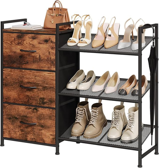 Somdot Shoe Rack, 3 Tier Shoe Organizer with 3 Drawers, Metal Shoe Storage Shelf for 6-9 Pairs of Shoes, Narrow Shoe Rack for entryway, Wood Grain Print-NeatNest