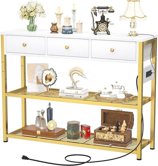 Ecoprsio 47'' Entryway Table with Outlets and USB Ports, Console Table with 3 Drawers, Sofa Table Narrow Long with Storage Shelves for Living Room, Couch, Hallway, Foyer, White and Golden-NeatNest