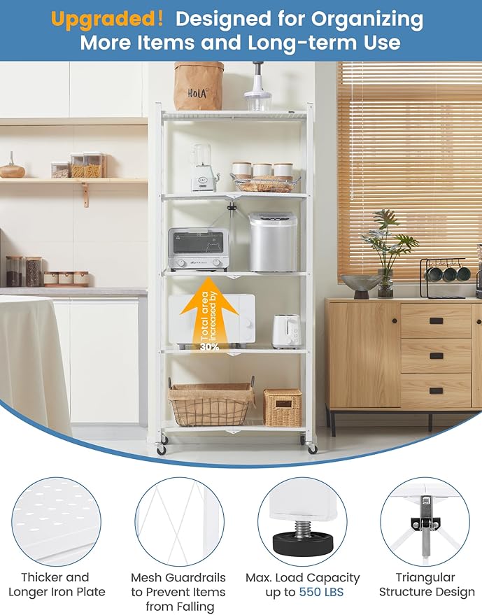 ALANNG 70.7" H Metal Storage Shelves, 5 Tier Folding Shelf on Wheels, Heavy Duty, No Assembly, Rolling, Collapsible Rack Unit for Kitchen, Basement, Pantry (White,1 Pack)