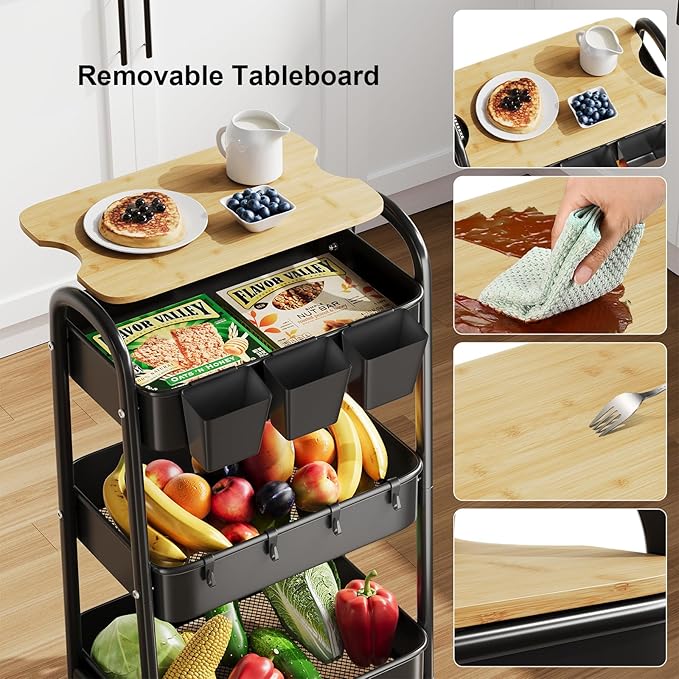 3 Tier Metal Rolling Cart with Wheels and Wooden Table Top, Three Tiered Craft Cart Organizer on Wheels, Black Storage Utility Carts for Art, Diaper Caddy, Baby Nursery, Office, Laundry, Snack, Book