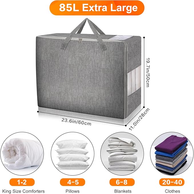 3 Pack 85L Comforter Storage Bags, Extra Large Bedding Storage Bags with Card and Clear Window, Reinforced Handles & Zippers, Foldable Closet Organizers for Blanket Pillow Clothes-NeatNest