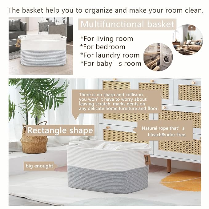 COMFY-HOMI Large Rectangle Laundry Storage Basket | Cotton Rope Woven, Organizing with Handle | Dirty Cloth & Baby Shower Basket | 22x15x12' - White/Grey-NeatNest
