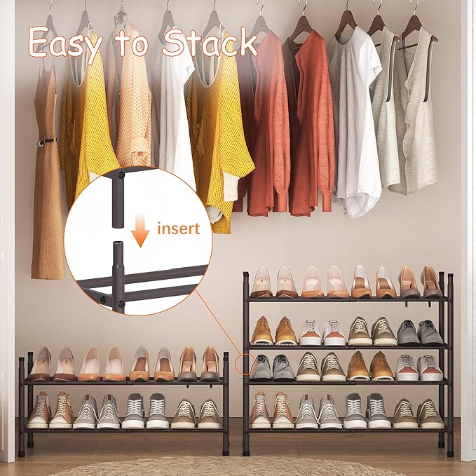 TZAMLI 2-Tier Shoe Rack for Closet, Expandable and Stackable Shoe Organizer Adjustable Metal Shoe Storage Small Shoe Shelf for Entryway Entrance, Brown-NeatNest