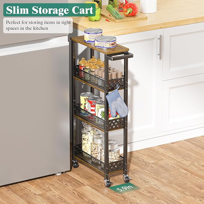 Giwil 4-Tier Slim Rolling Storage Cart for Kitchen Bathroom Organizer, Mobile Narrow Storage Cabinet Utility Cart with Wood Rack on Wheels for Pantry Laundry Small Space