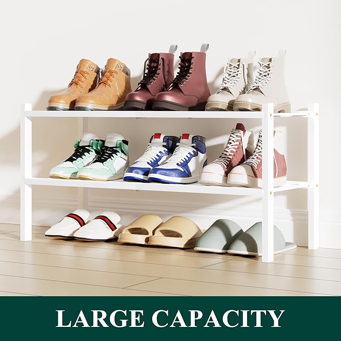 Smiry Shoe Rack, 2 Tier Bamboo Shoe Organizer, Stackable Free Standing Wooden Shoe Storage Shelf for Closet, Entryway, Front Door Entrance, White-NeatNest