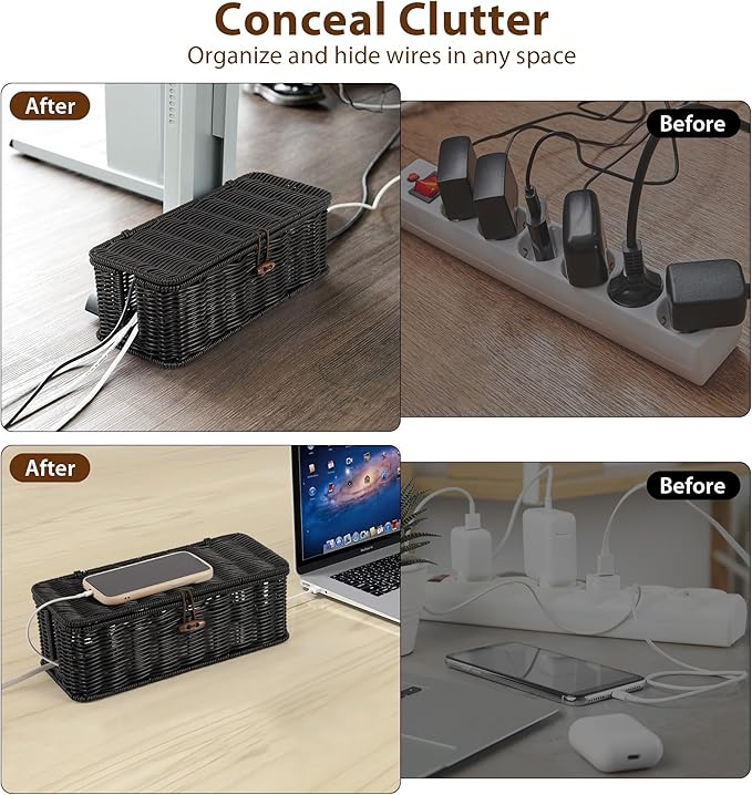 Cable Management Box, Handwoven Faux Rattan Cord Organizer Box with Lid, 2 Open Slots Cable Organizer Box, Decorative Cord Hider Box for Tv Computer USB Hub & Power Strip Holder