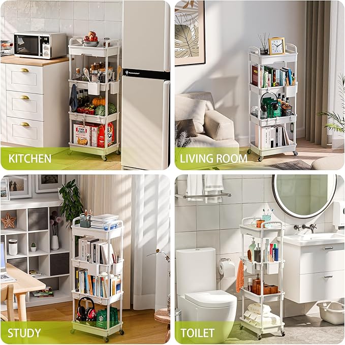 4 Tier Rolling Cart Organizer,Art Craft Diaper Bedside Snack Laundry Room Bathroom Organizer Narrow Thin Slim Rolling Trolley Utility Cart with Wheels for Kitchen,Office(White)-NeatNest