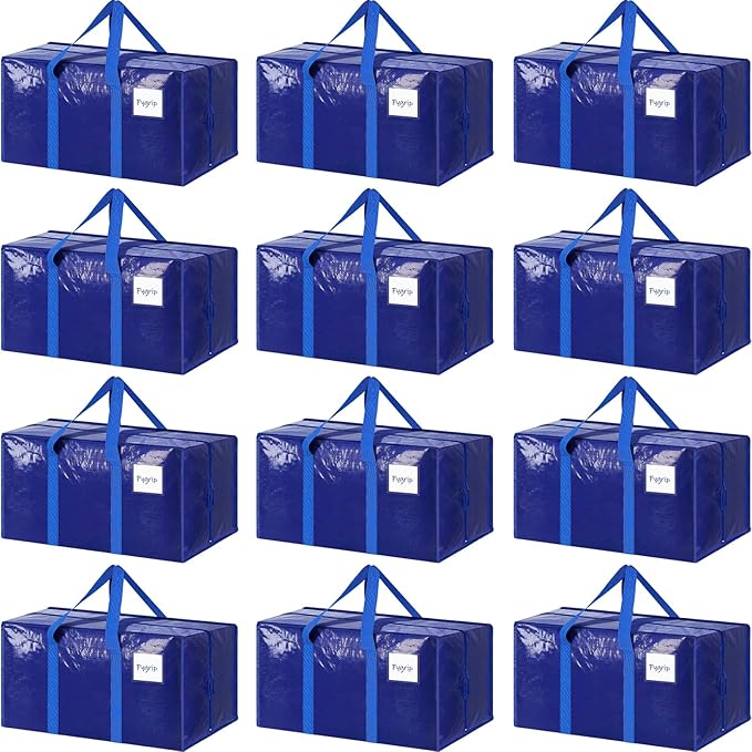 12 Pack Extra Heavy Duty Large Moving Bags with Strong Zipper & Comfortable Handles, Sturdy & Durable Clothes Storage Bags Totes Bins, Packing Moving Boxes for College Supplies, Blue-NeatNest