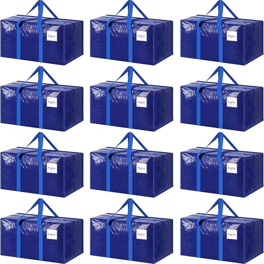 12 Pack Extra Heavy Duty Large Moving Bags with Strong Zipper & Comfortable Handles, Sturdy & Durable Clothes Storage Bags Totes Bins, Packing Moving Boxes for College Supplies, Blue-NeatNest