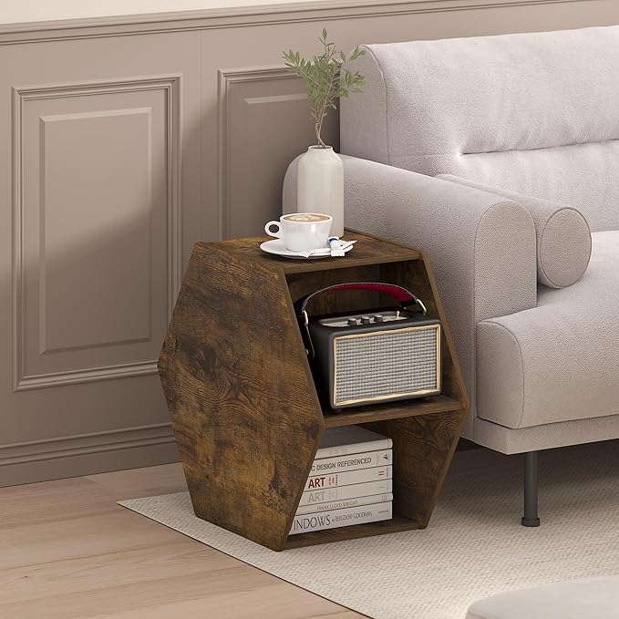 Furinno Modern Hexagonal Coffee Table, Unique Coffee Table, Center Table with Open Storage Shelf, Amber Pine-NeatNest