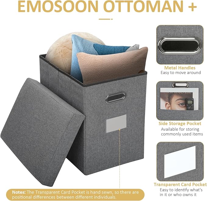 Tall Ottoman with Storage Collapsible Fabric Small Slim Folding Ottoman Furniture with Handles Lid for Room Footrest Foot Stool Linen Grey 16.5x16.5x11.8in