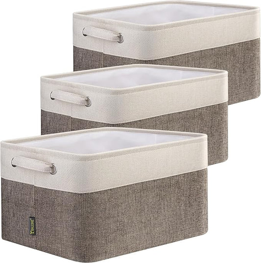 BALEINE 3 Pack Fabric Storage Bins for Shelves, Linen Storage Baskets for Organizing, Decorative Closet Bins for Clothes, Home (Brown, 12"x8"x8")-NeatNest
