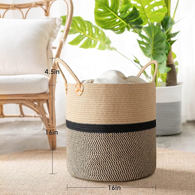 CHICVITA Extra Large Jute Woven Storage Basket with Handles – Laundry Basket Toy Towels Blanket Basket Home Decor Gift, 16" x 16", Black-NeatNest