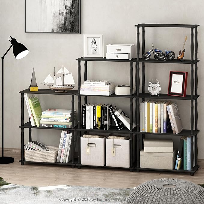 Furinno Turn-N-Tube 3-Tier Compact Multipurpose Shelf Display Rack with Classic Tube, Americano/Black-NeatNest