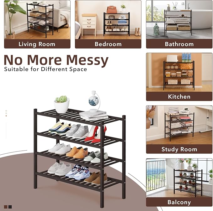 4 Tier Bamboo Shoe Rack Storage Organizer for Closet, Multifunctional Stackable Free Standing Shoe Shelf Organizer for Small Space,Entryway, Hallway, Bathroom27 x11 x26 (Brown, 4 Tier)-NeatNest
