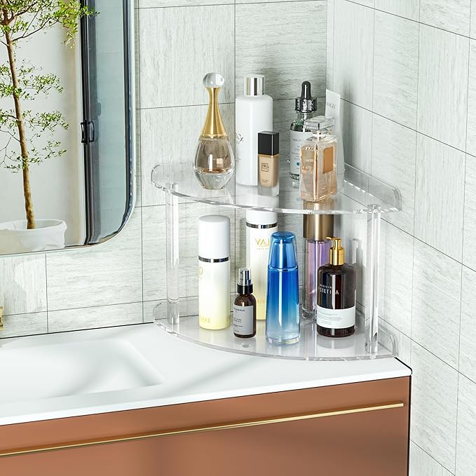 2 Tier Acrylic Corner Shelf Organizer Storage 9.5x9.5x8 Inch, Transparent Countertop Corner Shelf for Bathroom, Kitchen, Bedroom, Office, Study Room-NeatNest