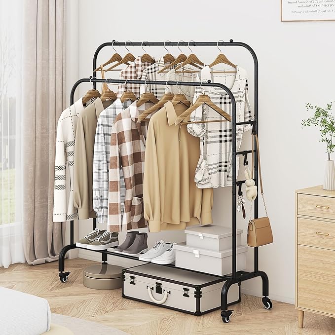 Garment Rack with Wheels Clothing Rack for Hanging Clothes Multi-functional Bedroom Clothes Rack，Black+Double RodsBlack-NeatNest