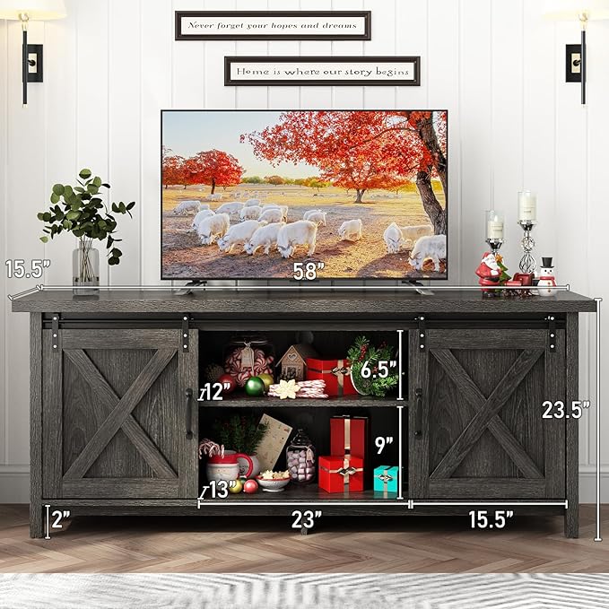 58" Farmhouse TV Stands for 55 60 70 inch TV w/Adjustable Shelves,Sliding Barn Door.Wooden Entertainment Center,TV Console Cabinet with Storage for Bedroom Living Room(Dark Grey)-NeatNest