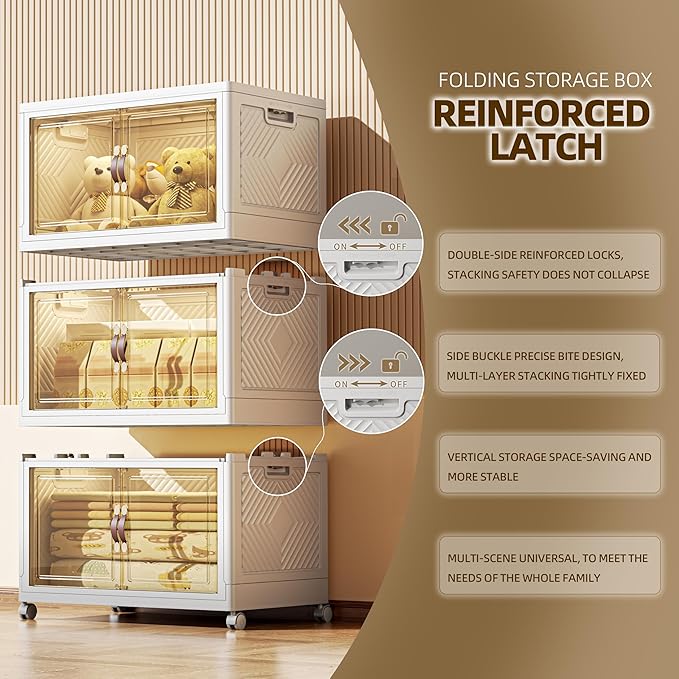 312 QT / 78 Gal Stackable Collapsible Storage Bins with Magnetic Doors & Wheels - Space-Saving Plastic Organizer Cabinet for Closet, Office, Home (White)-NeatNest