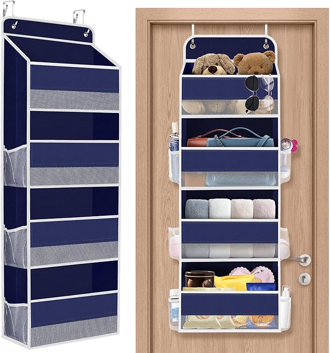 1 Pack Over The Door Organizer, Hanging Storage Organizer with Clear Window, 40lb Ultra Sturdy Large Capacity Room Organizer for Pantry Laundry Bathroom Nursery Closet (Blue)-NeatNest