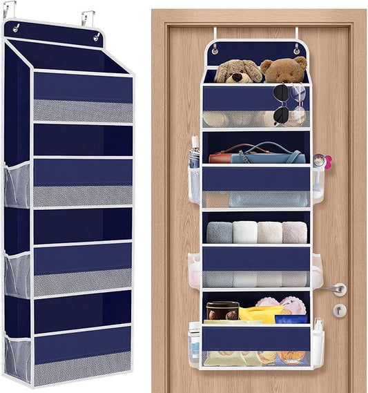 1 Pack Over The Door Organizer, Hanging Storage Organizer with Clear Window, 40lb Ultra Sturdy Large Capacity Room Organizer for Pantry Laundry Bathroom Nursery Closet (Blue)-NeatNest
