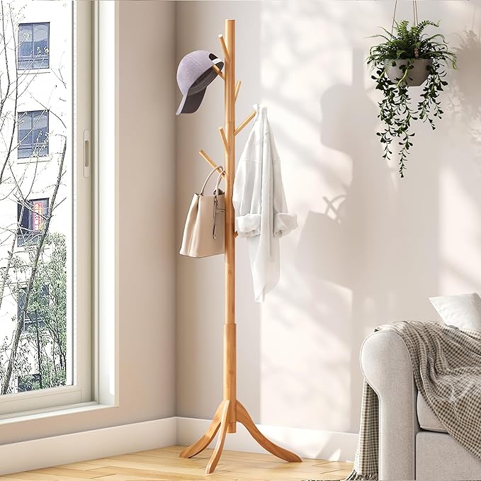Coat Rack Freestanding, Bamboo Wood Coat Stand with 8 Hooks,3 Adjustable Size,Easy Assembly NO Tools Required, Coat Tree Hanger Stand for CoatsScarves in Hallway-NeatNest