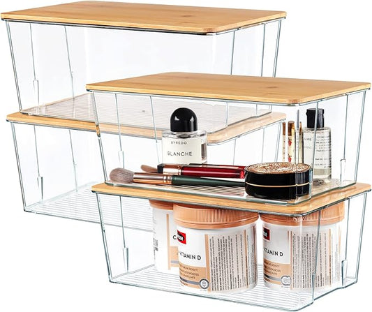 Hudgan 4 Pack Clear Plastic Storage Bins with Bamboo Lids, Stackable Storage Containers for Organizing Medicine Cabinet Organizer, Craft Room, Bread Box-NeatNest