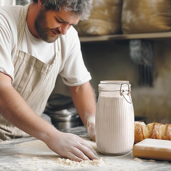 ComSaf Airtight Glass jar with lid 51oz Set of 3, Glass Storage Containers with Lids, Large Glass Canister, Striped Clip Fastening Jar for for Canning, Flour, Pasta,Coffee Beans, Cereal, Rice, Pickle-NeatNest