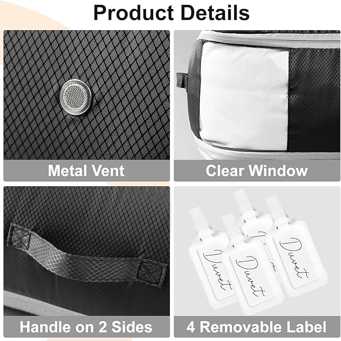 Comforter Storage Bag - Large Capacity Blanket Storage Bags 3-Layer Ultra Space Saving Self Compression Organizer, Washable Compression Bags for Storage Comforter Blanket, 4-Pack, Black-NeatNest