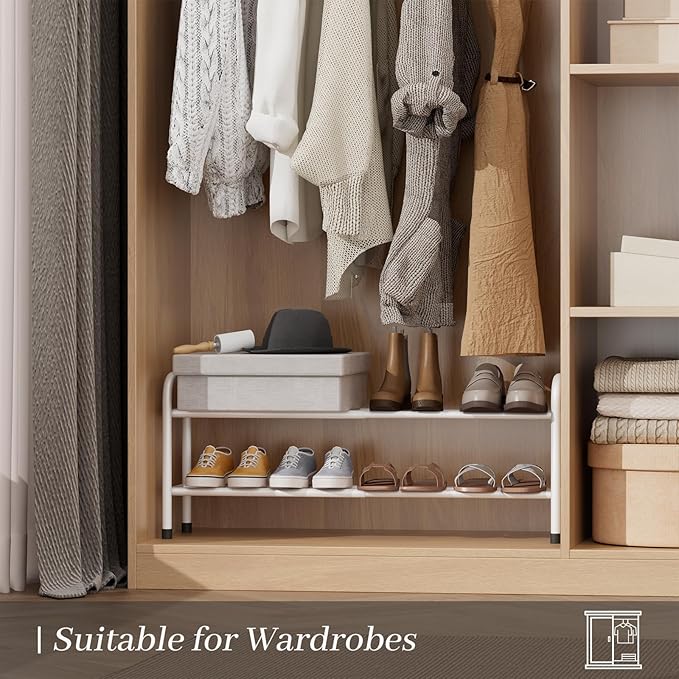 Expandable Shoe Rack, Adjustable Shoes Organizer Metal, Space-Saving Storage Shelf for Closet, Entryway, Front Door & Hallway,Sturdy and Easy Assembly (White, 2-Tier)