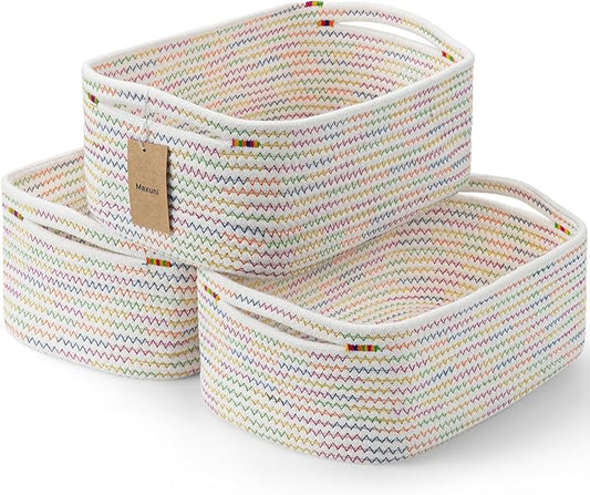 3-Pcs Shelf Baskets for Organizing, Closet Organizer Bins, Small Woven Baskets, Rope Toy Basket, Storage Basket for Shelves, Cube Decorative Box, 11.5×7.5×4.7”, Rainbow-NeatNest