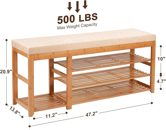 47.2 in Shoe Rack Bench with Cushion, 3 Tier Bamboo Entryway Bench with Storage for Entryway, Hallway, Bedroom, Living Room-NeatNest