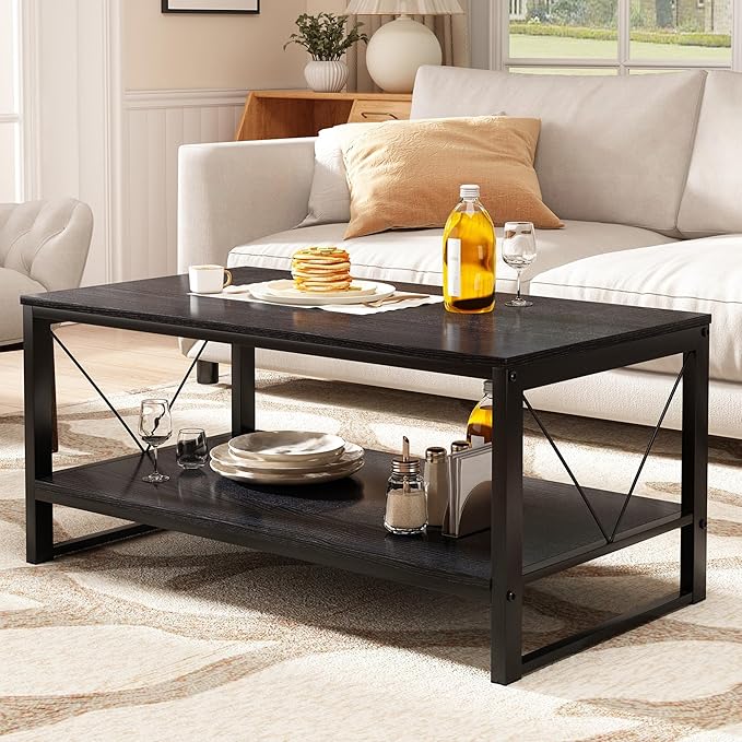 Rectangle Coffee Table Tea Table with Storage Shelf, Farmhouse Wooden Coffe Table for Living Room Table, 40" Rustic Center Table 2-Tier Minimalist Coffee Table Easy Assembly (Black)-NeatNest
